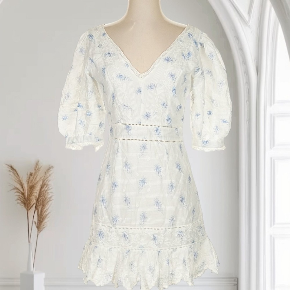 LoveShackFancy Women's Floral Mini‎ Dress Size Small Natasha Ruffle Hem Blue